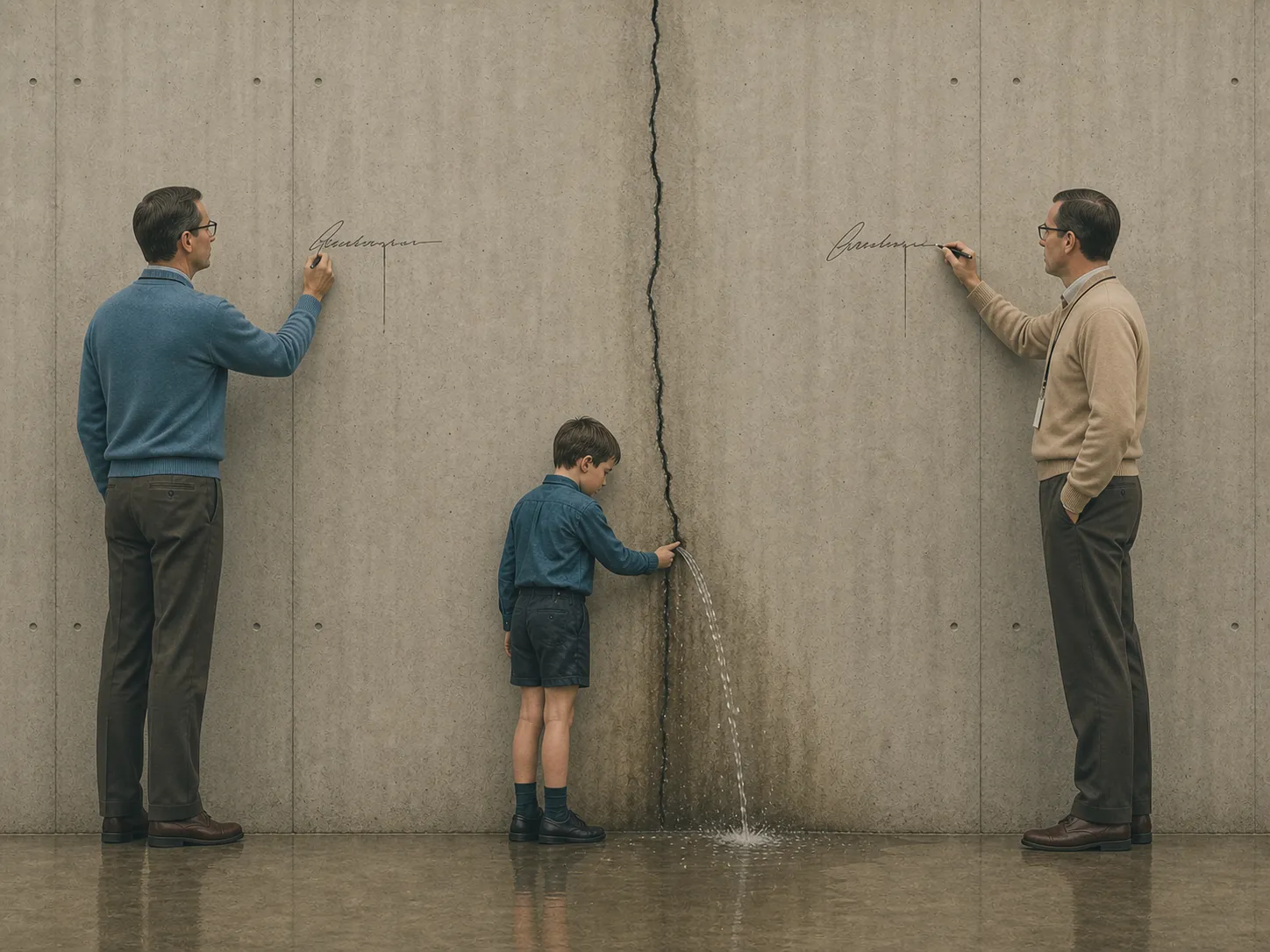 A boy plugs a leaking crack in a concrete dam while two neatly dressed tech workers stand beside him, signing the wall instead of helping.