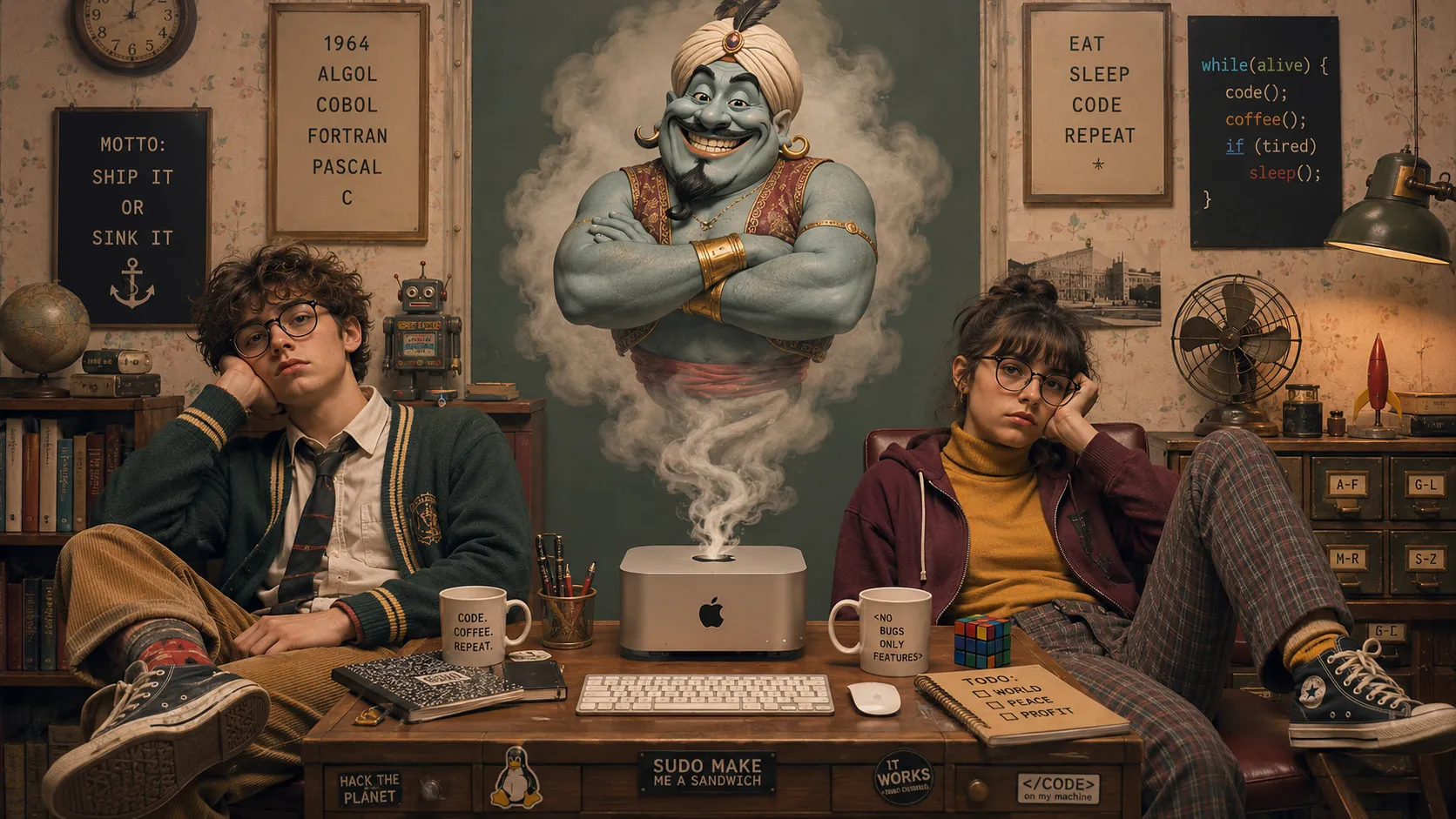 Two bored teenage programmers lounge beside a Mac mini as a grinning cartoon genie rises from it in a cloud of smoke.