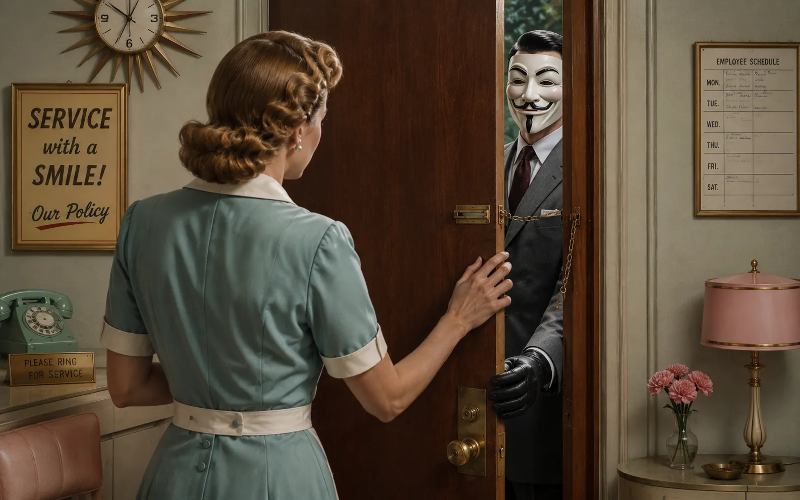 A 1950s service clerk cautiously opens a door a crack for a smooth salesman wearing a Fawkes mask, while his gloved hand slips into the gap.