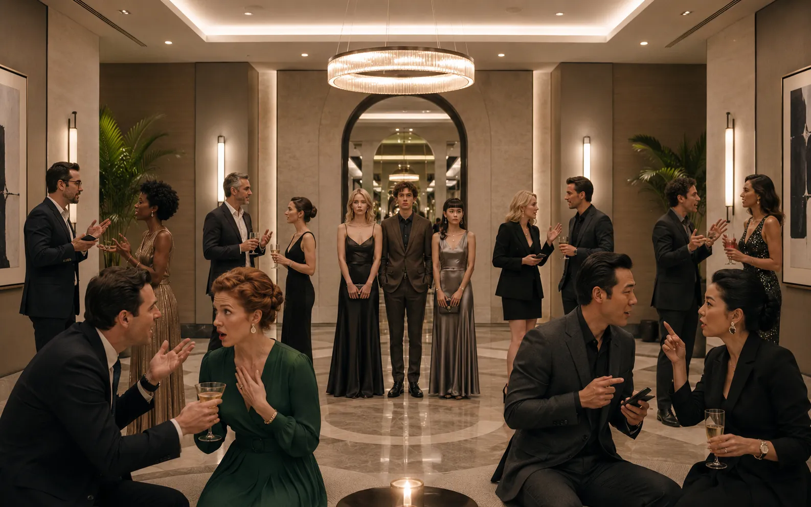 A contemporary Hollywood cocktail party in a sleek luxury event space, with agents talking past each other while three quiet actors stand awkwardly in the center, detached from the surrounding chatter.