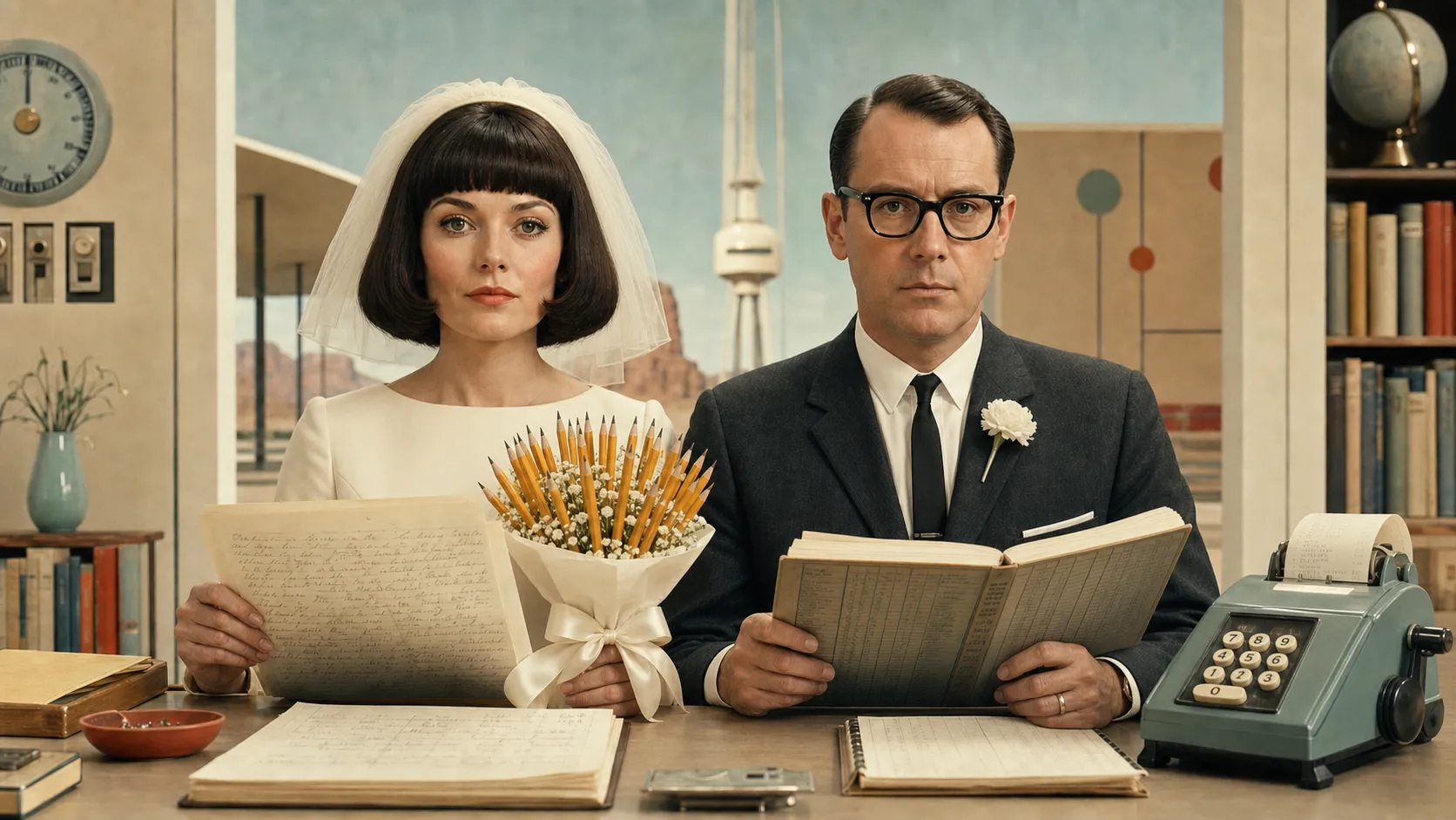 A 1960s bride and poet holds a bouquet of sharpened pencils beside her accountant groom and a mechanical adding machine.